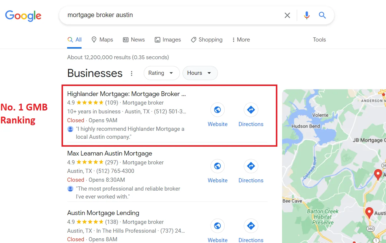 Austin mortgage broker ranking #1 in Google search results