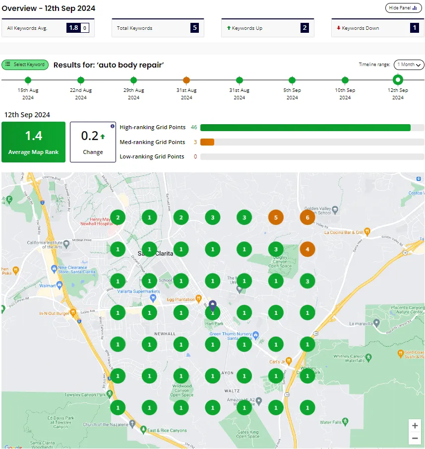 Local Falcon grid showing near-100% green dots for auto body repair