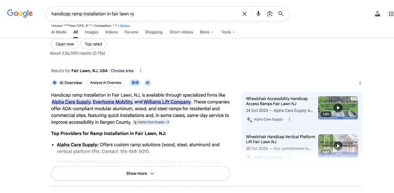 Google AI Overview cites Everhome Mobility alongside larger competitors